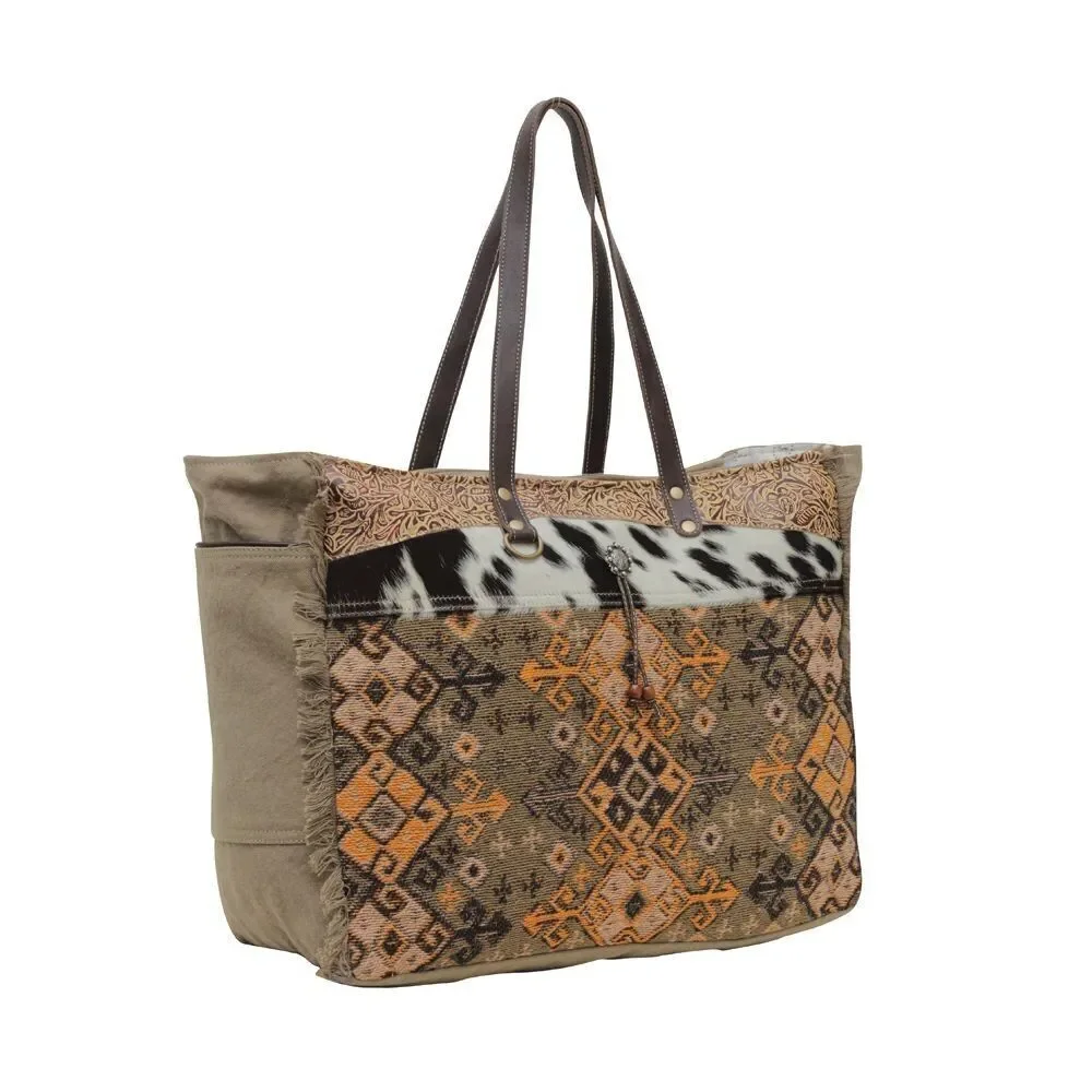 Myra Bag Handmade Parea Weekender Bag Upcycled Canvas & Cowhide Leather